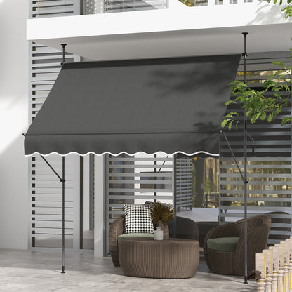 Retractable Manual Freestanding Awning Awning 2.5L x 1.2W x 2.1-3H m Adjustable Incline for Balcony Without Drilling Holes - Dark Gray Aluminum Metal Polyester