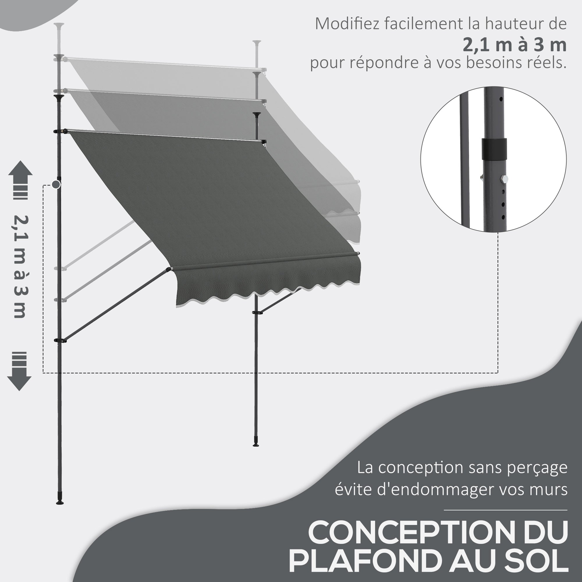 Retractable Manual Freestanding Awning Awning 2.5L x 1.2W x 2.1-3H m Adjustable Incline for Balcony Without Drilling Holes - Dark Gray Aluminum Metal Polyester