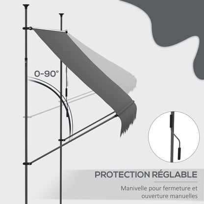 Retractable Manual Freestanding Awning Awning 2.5L x 1.2W x 2.1-3H m Adjustable Incline for Balcony Without Drilling Holes - Dark Gray Aluminum Metal Polyester