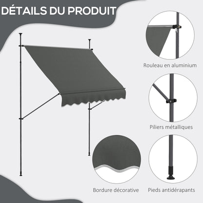 Retractable Manual Freestanding Awning Awning 2.5L x 1.2W x 2.1-3H m Adjustable Incline for Balcony Without Drilling Holes - Dark Gray Aluminum Metal Polyester