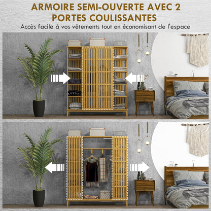Bamboo Wardrobe Clothing Storage with 2 Sliding Doors, Open Shelves, and Rod for Bedroom, 145 x 35 x 165cm, Natural Wood Finish