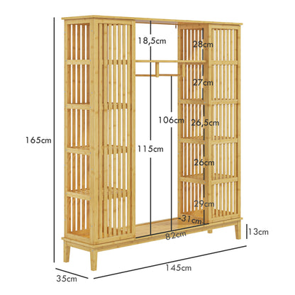Bamboo Wardrobe Clothing Storage with 2 Sliding Doors, Open Shelves, and Rod for Bedroom, 145 x 35 x 165cm, Natural Wood Finish