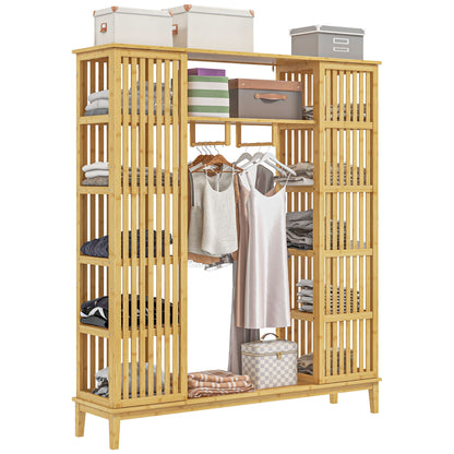 Bamboo Wardrobe Clothing Storage with 2 Sliding Doors, Open Shelves, and Rod for Bedroom, 145 x 35 x 165cm, Natural Wood Finish