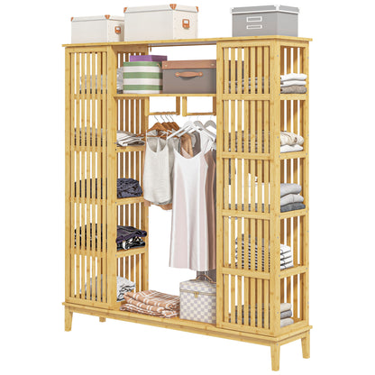 Bamboo Wardrobe Clothing Storage with 2 Sliding Doors, Open Shelves, and Rod for Bedroom, 145 x 35 x 165cm, Natural Wood Finish