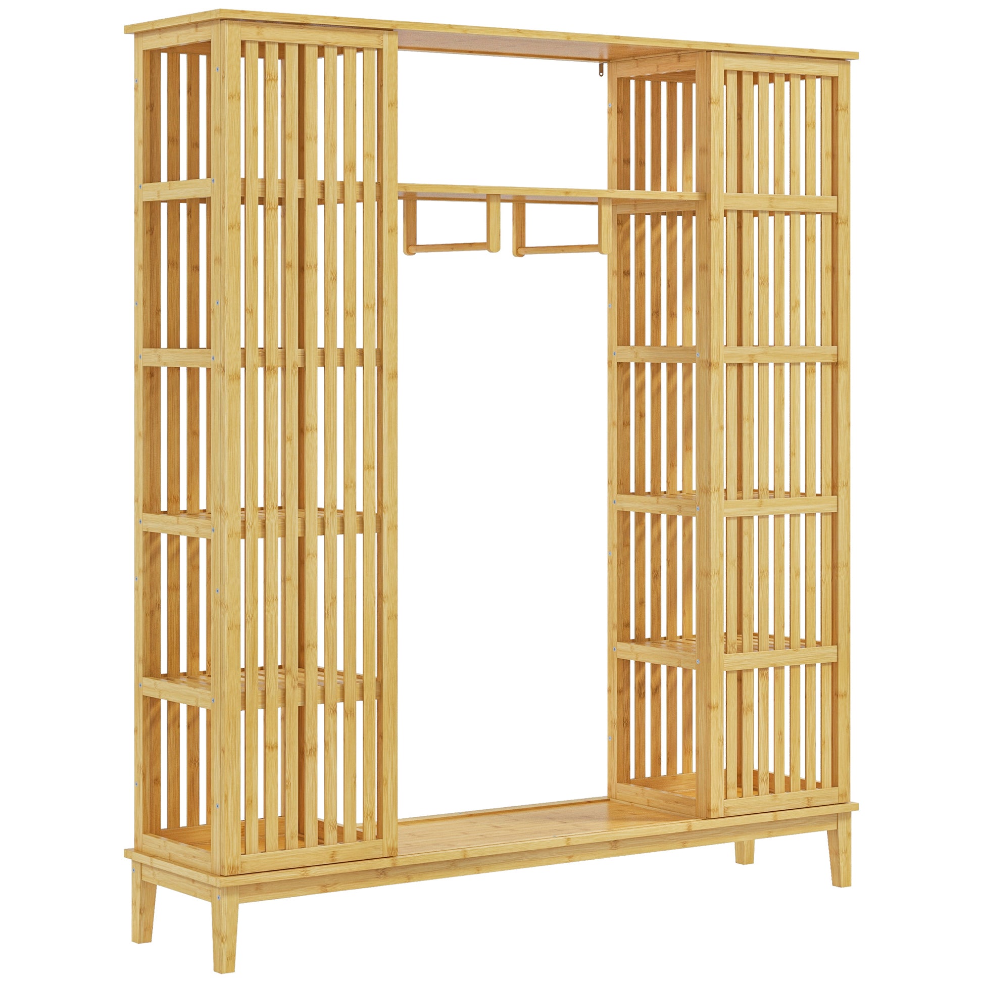 Bamboo Wardrobe Clothing Storage with 2 Sliding Doors, Open Shelves, and Rod for Bedroom, 145 x 35 x 165cm, Natural Wood Finish