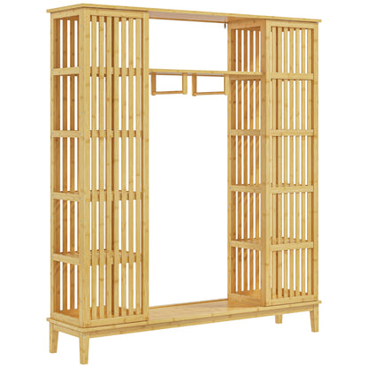 Bamboo Wardrobe Clothing Storage with 2 Sliding Doors, Open Shelves, and Rod for Bedroom, 145 x 35 x 165cm, Natural Wood Finish