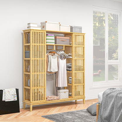 Bamboo Wardrobe Clothing Storage with 2 Sliding Doors, Open Shelves, and Rod for Bedroom, 145 x 35 x 165cm, Natural Wood Finish