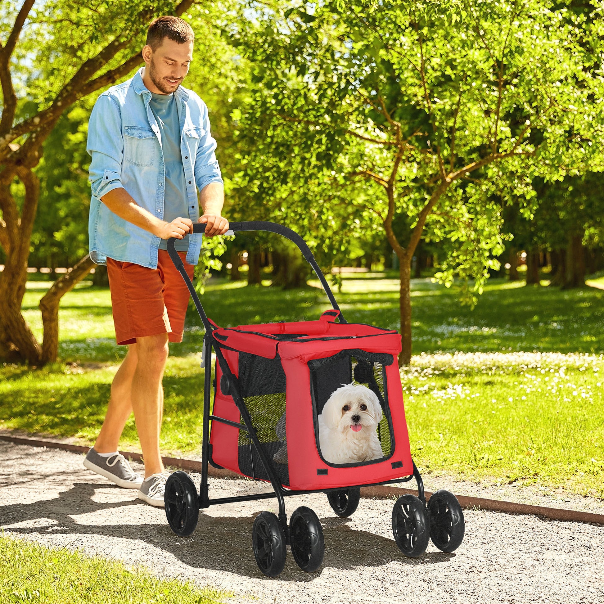 Foldable Pet Stroller Dog Cat Includes Cushion Wheels with Brake 600D Oxford Fabric Steel 102 x 62 x 105 cm Red