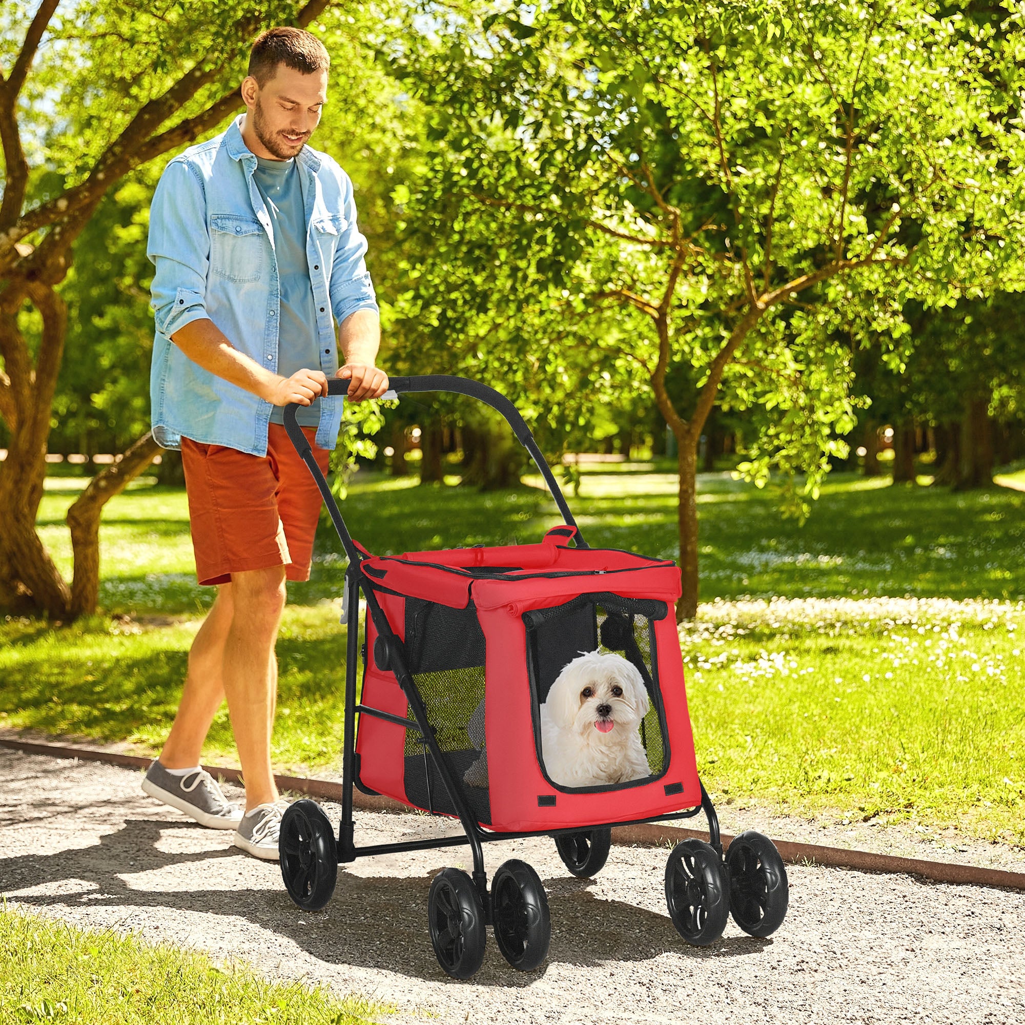 Foldable Pet Stroller Dog Cat Includes Cushion Wheels with Brake 600D Oxford Fabric Steel 102 x 62 x 105 cm Red