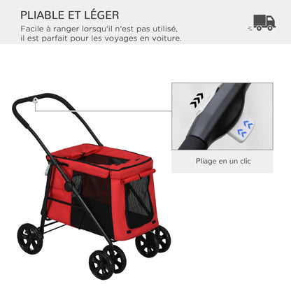 Foldable Pet Stroller Dog Cat Includes Cushion Wheels with Brake 600D Oxford Fabric Steel 102 x 62 x 105 cm Red