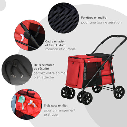Foldable Pet Stroller Dog Cat Includes Cushion Wheels with Brake 600D Oxford Fabric Steel 102 x 62 x 105 cm Red