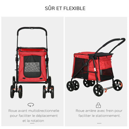 Foldable Pet Stroller Dog Cat Includes Cushion Wheels with Brake 600D Oxford Fabric Steel 102 x 62 x 105 cm Red