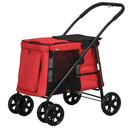 Foldable Pet Stroller Dog Cat Includes Cushion Wheels with Brake 600D Oxford Fabric Steel 102 x 62 x 105 cm Red