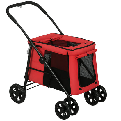 Foldable Pet Stroller Dog Cat Includes Cushion Wheels with Brake 600D Oxford Fabric Steel 102 x 62 x 105 cm Red