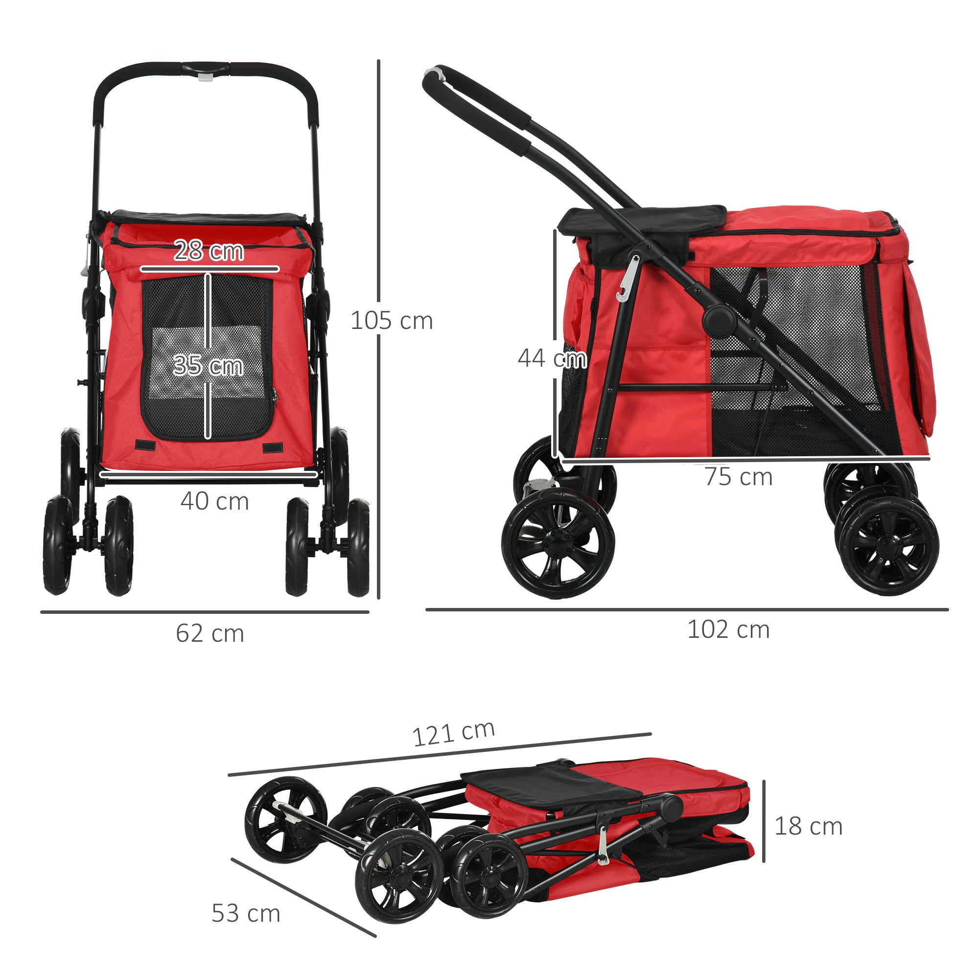 Foldable Pet Stroller Dog Cat Includes Cushion Wheels with Brake 600D Oxford Fabric Steel 102 x 62 x 105 cm Red