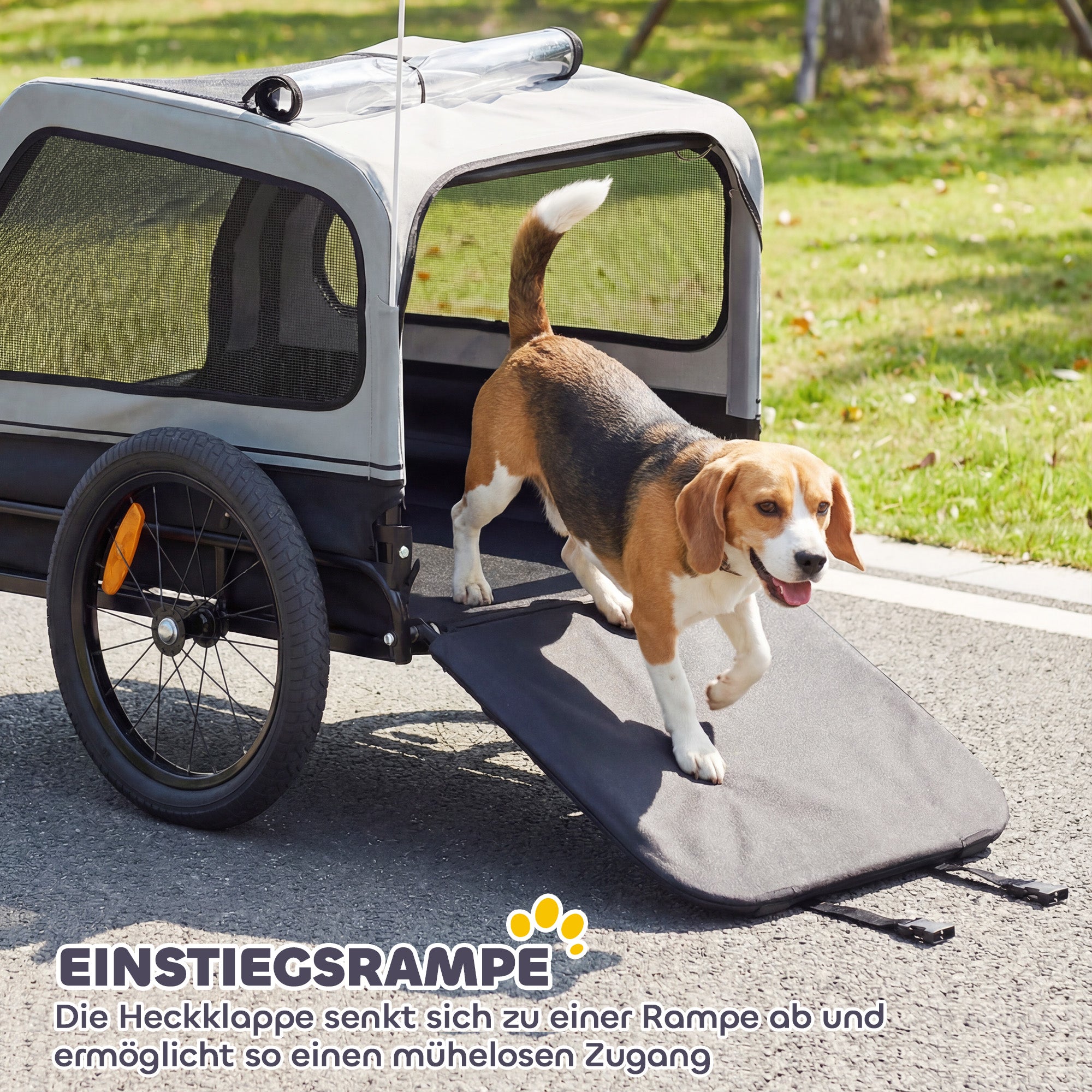 Foldable Dog Bike Trailer — Carrier for Small & Medium Dogs up to 44 lb, Fold-Down Ramp, Reflectors, Safety Leash & Flag, 54.3 x 27.2 x 27.6 in (138 x 69 x 70 cm), Gray