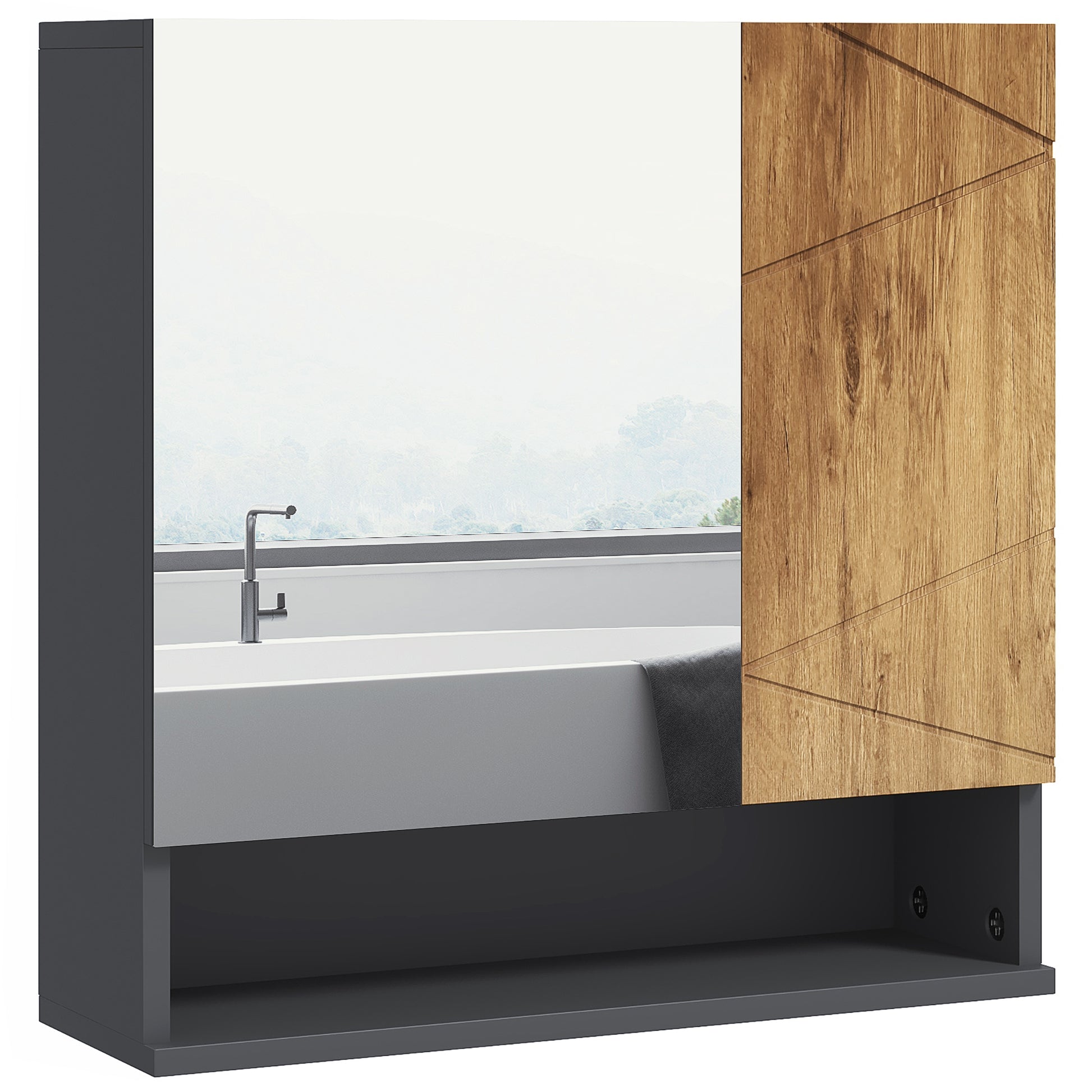 Wall-Mounted Bathroom Mirror Cabinet Storage Cupboard with Adjustable Shelves Contemporary Design 55 x 17 x 55 cm Natural Dark Gray