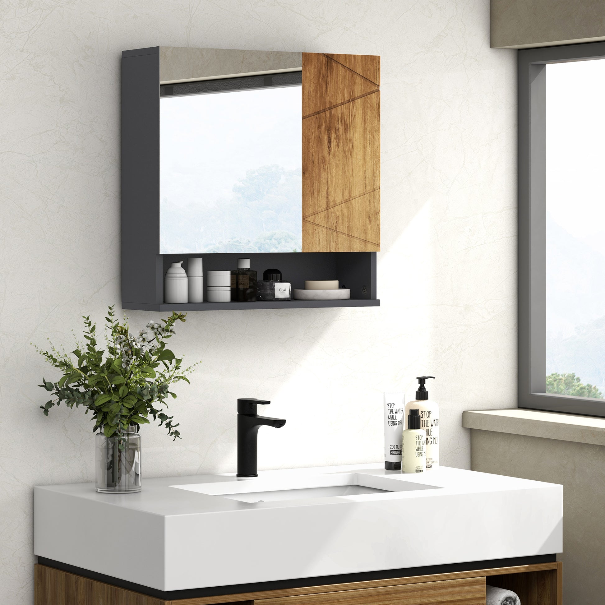Wall-Mounted Bathroom Mirror Cabinet Storage Cupboard with Adjustable Shelves Contemporary Design 55 x 17 x 55 cm Natural Dark Gray
