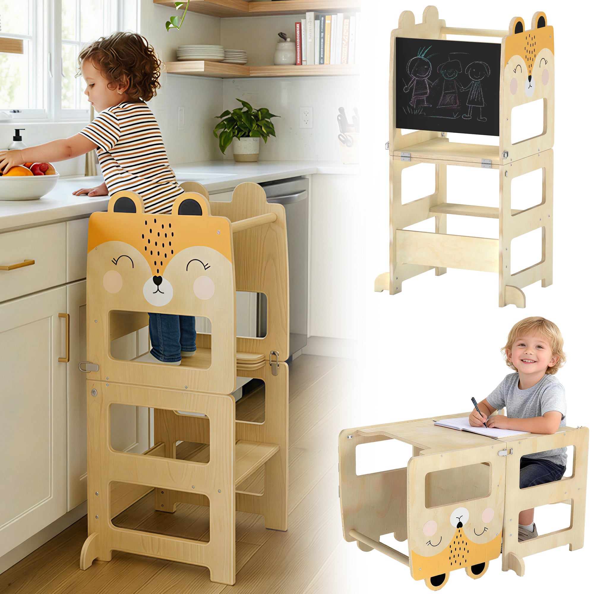 Montessori Learning Tower for Kids (2–5 yrs) with Chalkboard & Table — Natural Plywood