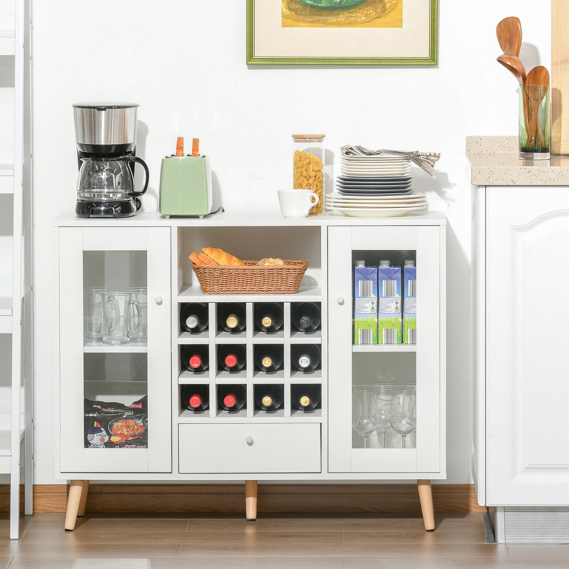 Kitchen Sideboard Buffet for Living Room Storage Pantry with Wine Rack Drawer Open Shelf and 2 Cabinets with Glass Doors Modern for Dining Room 100x33x80 cm White