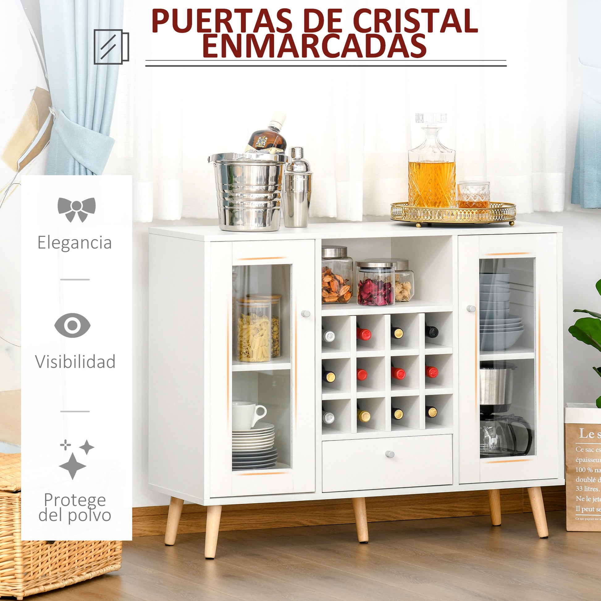 Kitchen Sideboard Buffet for Living Room Storage Pantry with Wine Rack Drawer Open Shelf and 2 Cabinets with Glass Doors Modern for Dining Room 100x33x80 cm White