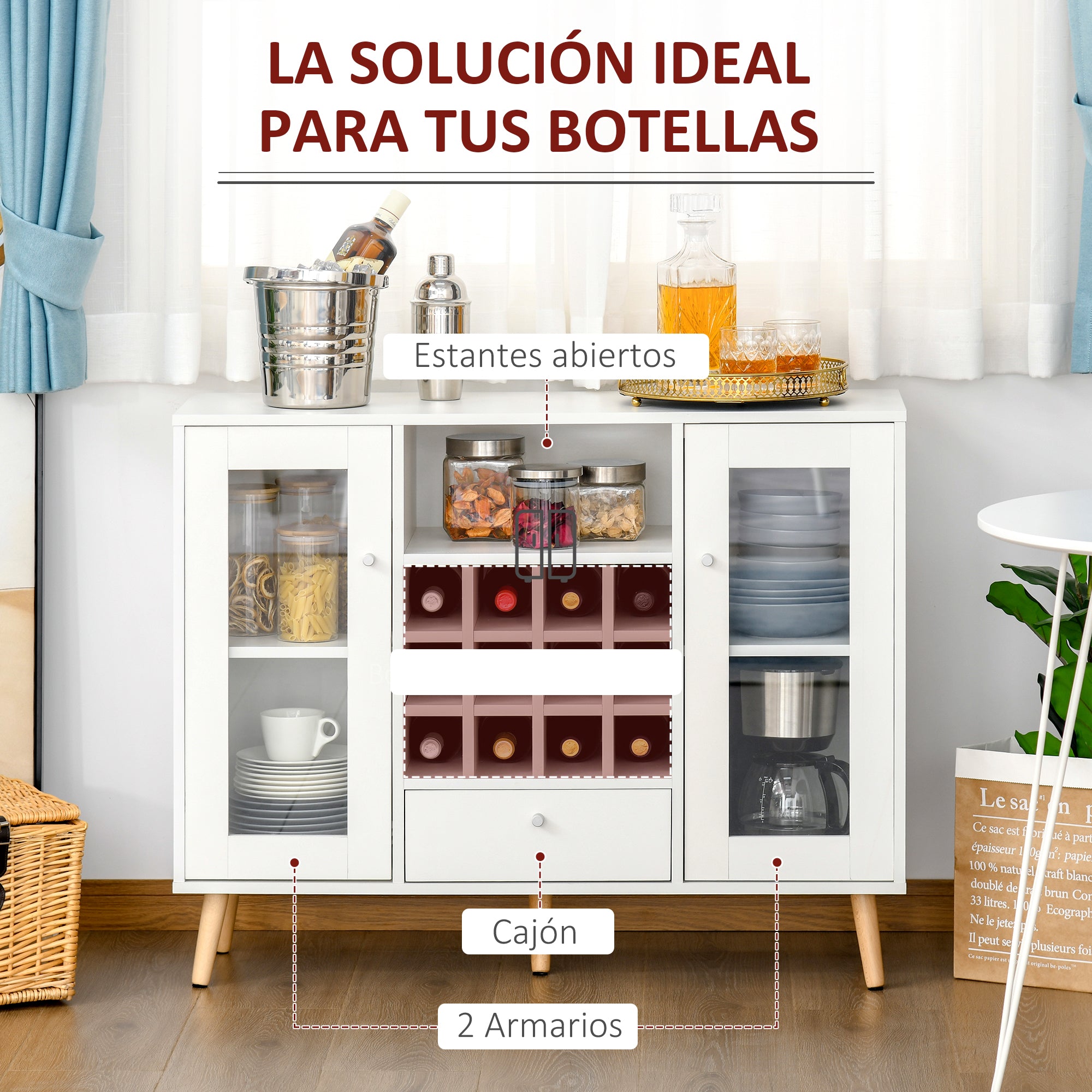 Kitchen Sideboard Buffet for Living Room Storage Pantry with Wine Rack Drawer Open Shelf and 2 Cabinets with Glass Doors Modern for Dining Room 100x33x80 cm White