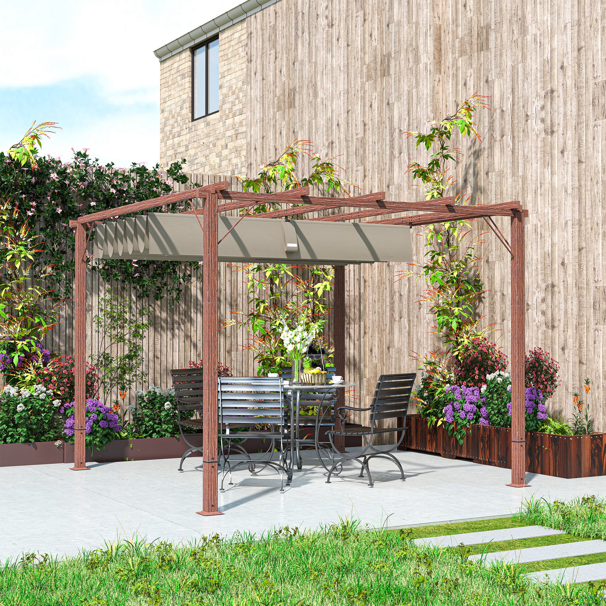 Pergola approx. 3x3m Garden Pavilion with Magnetic Pad, Aluminum Patio Canopy, Garden Pavilion with Adjustable Roof, Freestanding, UV Protection 30+, for Terrace and Garden, Natural Wood