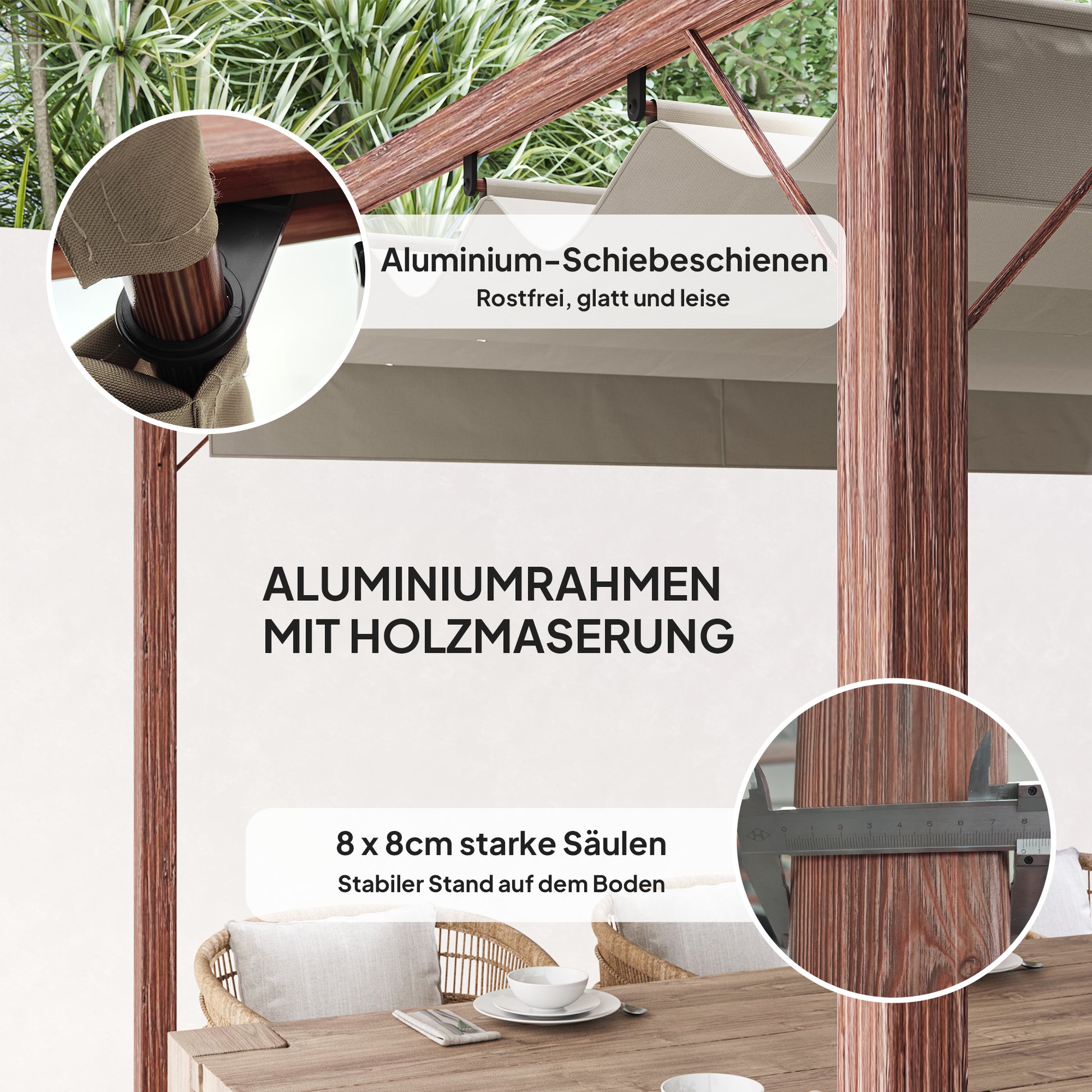 Pergola approx. 3x3m Garden Pavilion with Magnetic Pad, Aluminum Patio Canopy, Garden Pavilion with Adjustable Roof, Freestanding, UV Protection 30+, for Terrace and Garden, Natural Wood