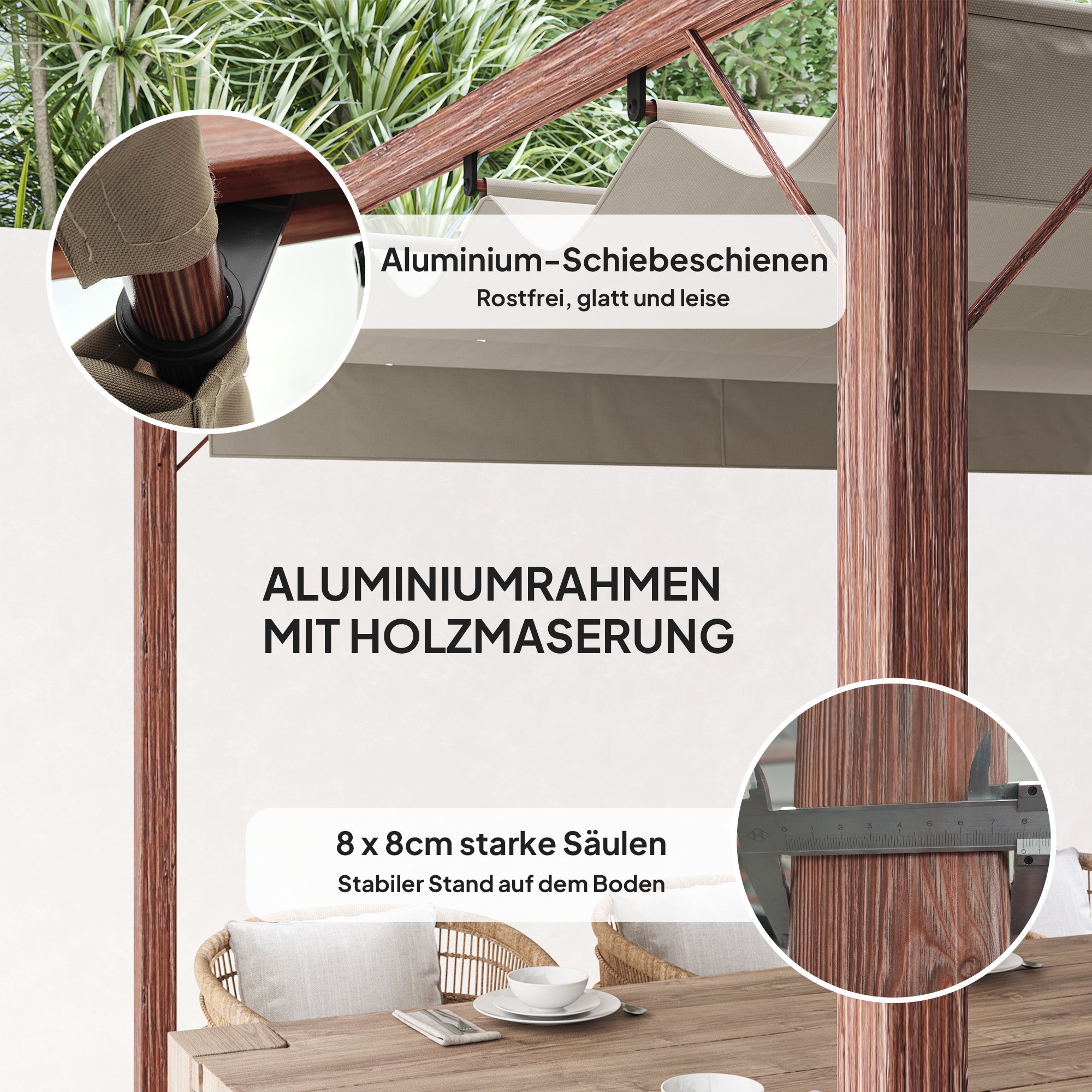 Pergola approx. 3x3m Garden Pavilion with Magnetic Pad, Aluminum Patio Canopy, Garden Pavilion with Adjustable Roof, Freestanding, UV Protection 30+, for Terrace and Garden, Natural Wood