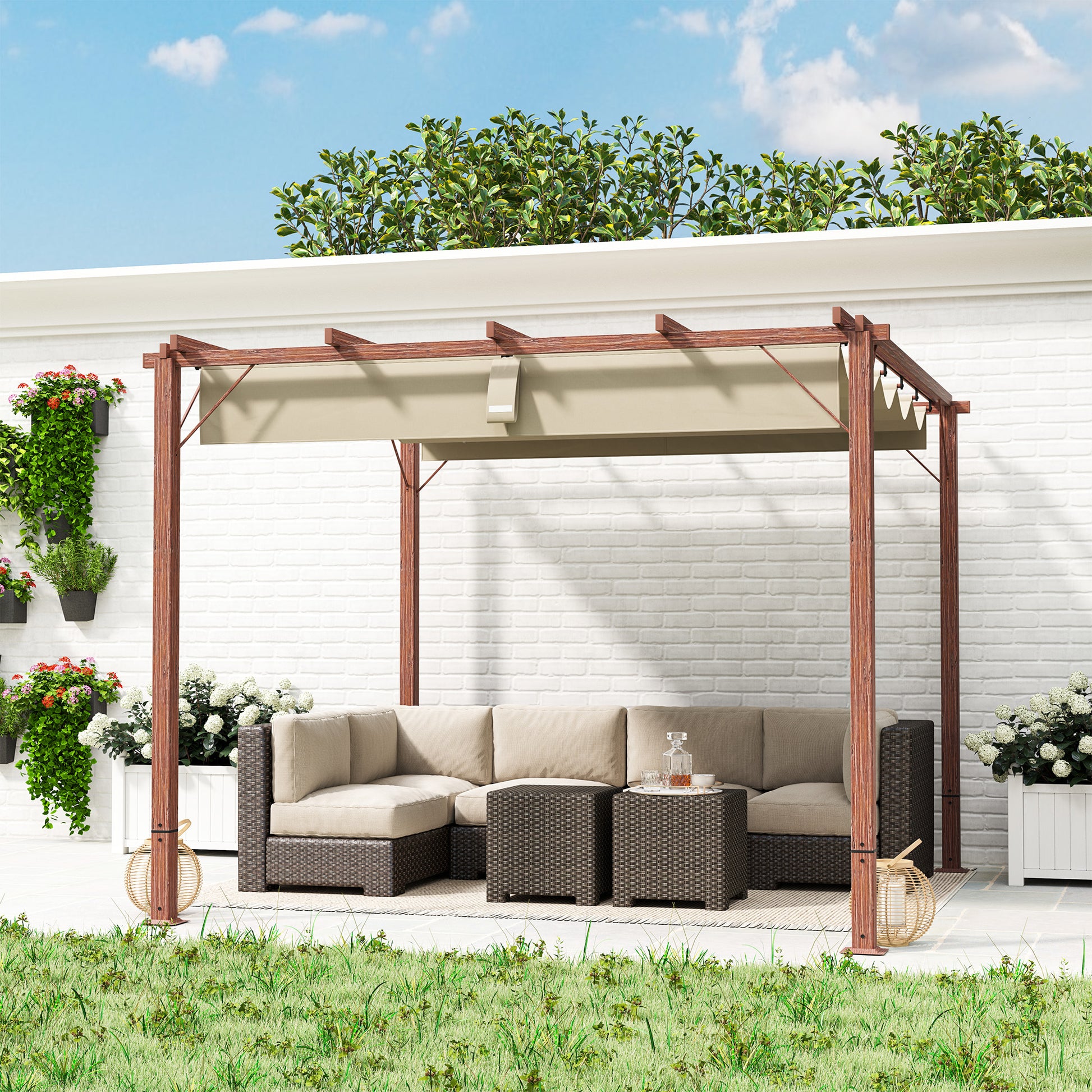 Pergola approx. 3x3m Garden Pavilion with Magnetic Pad, Aluminum Patio Canopy, Garden Pavilion with Adjustable Roof, Freestanding, UV Protection 30+, for Terrace and Garden, Natural Wood