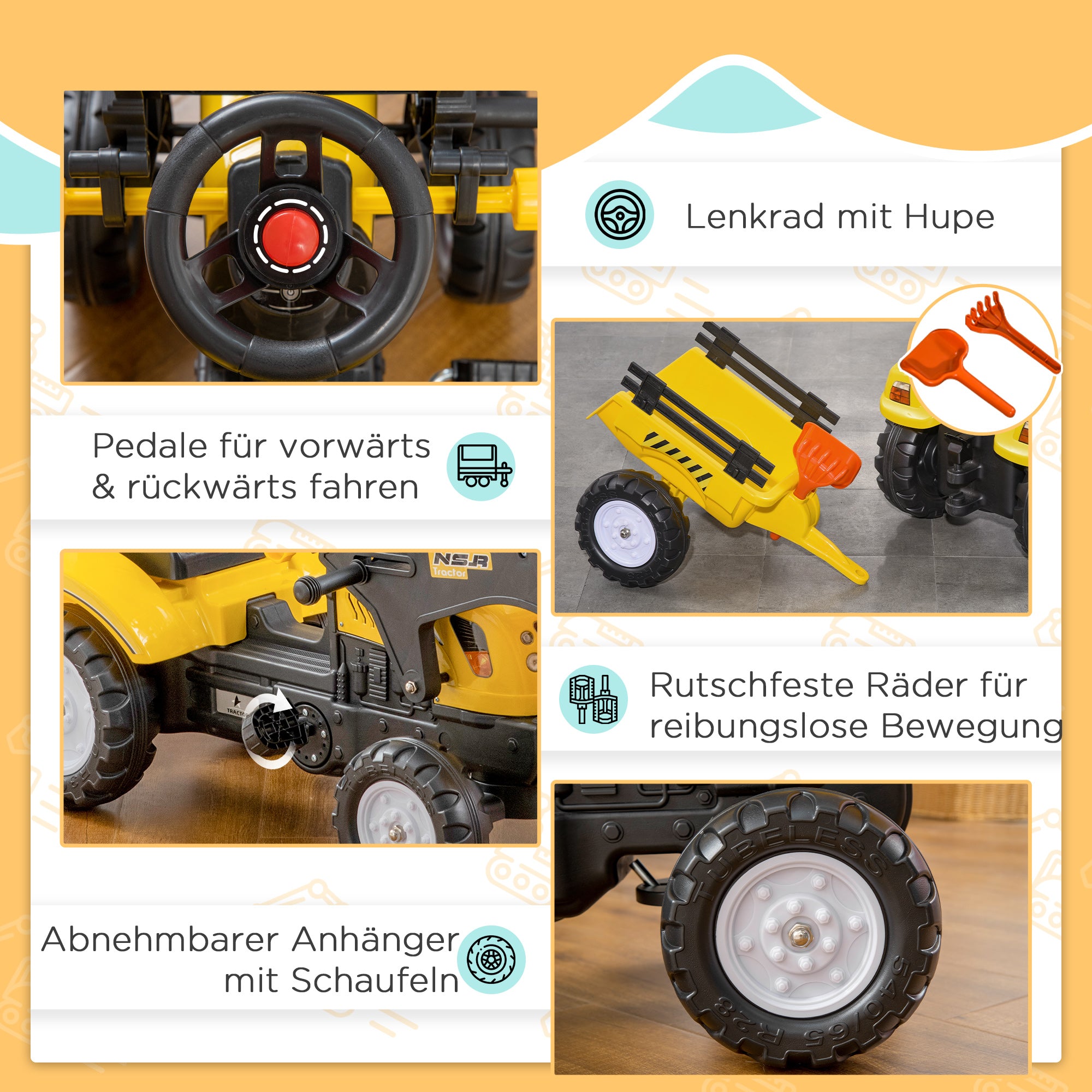 Pedal Tractor with Trailer Adjustable Shovel Loader Vehicle for Children aged 3 and above Yellow