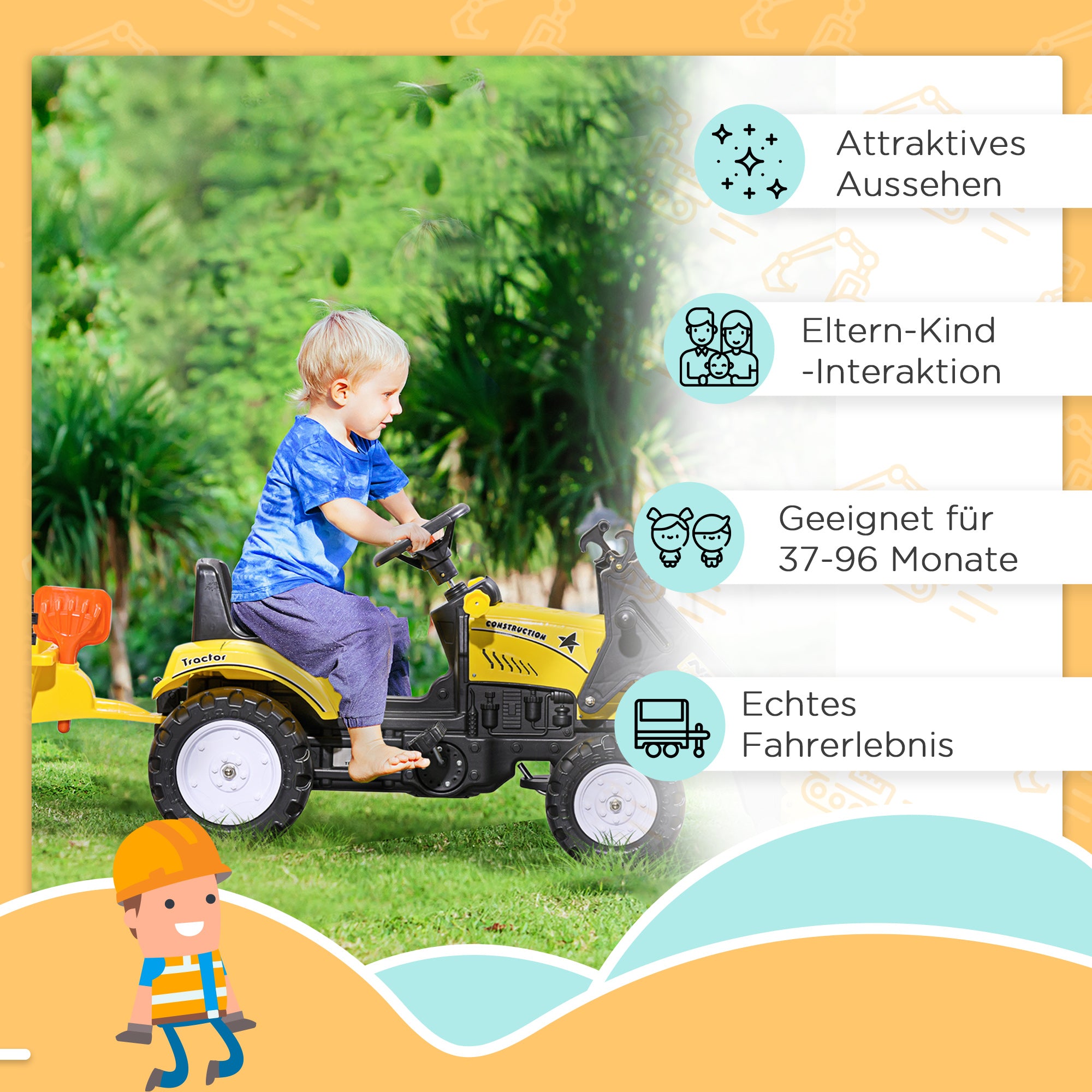 Pedal Tractor with Trailer Adjustable Shovel Loader Vehicle for Children aged 3 and above Yellow