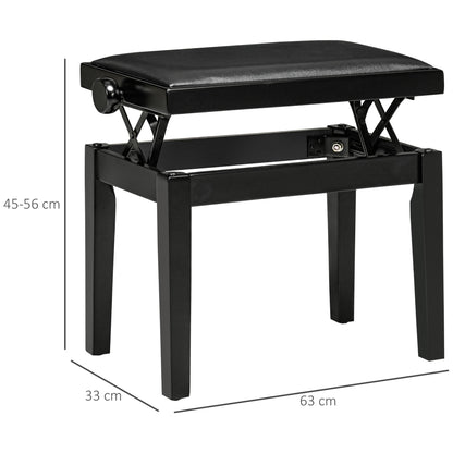 Piano Stool Height Adjustable Piano Bench with Leather Cushion Piano Bench Faux Leather Rubber Wood Black 63 x 33 x 45-56 cm