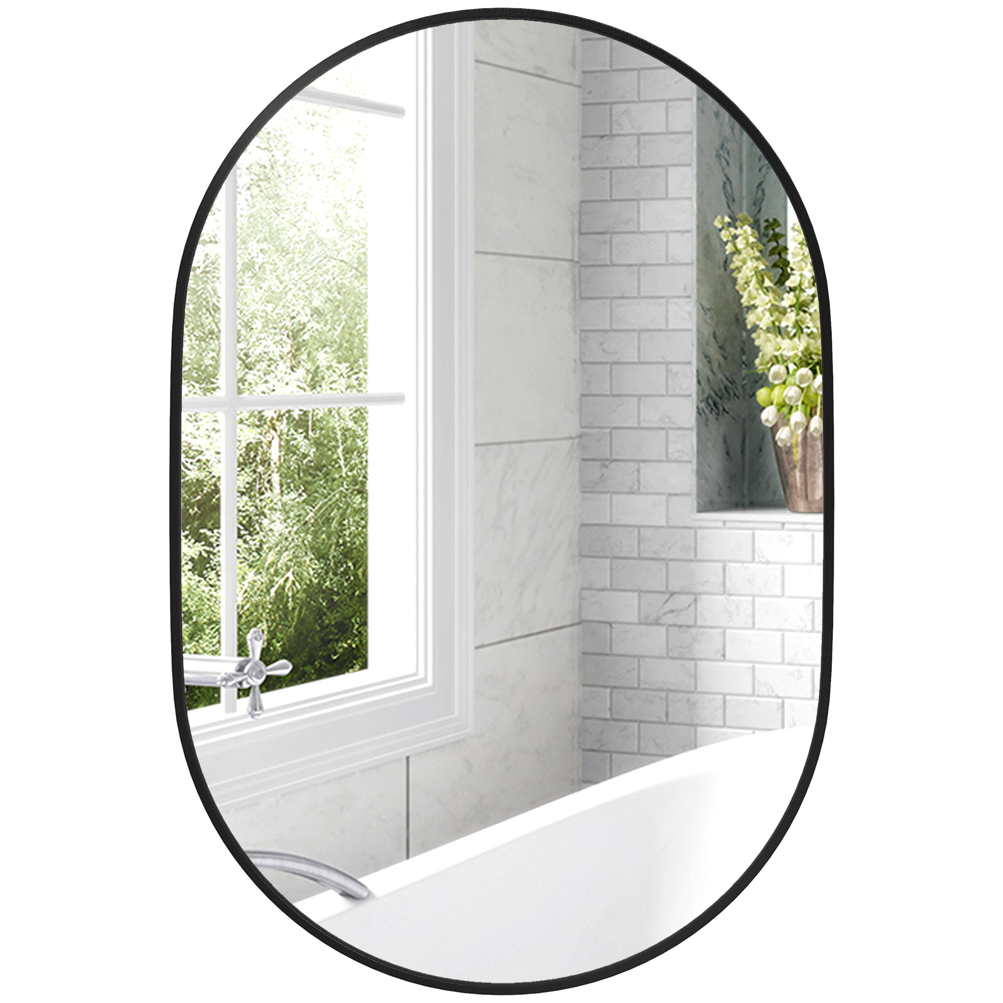 Oval Bathroom Mirror 60x90cm Tempered Glass, Modern Wall Mirror with Aluminum Alloy Frame, Vertical/Horizontal Mounting, for Bedroom, Entryway, Living Room, Black