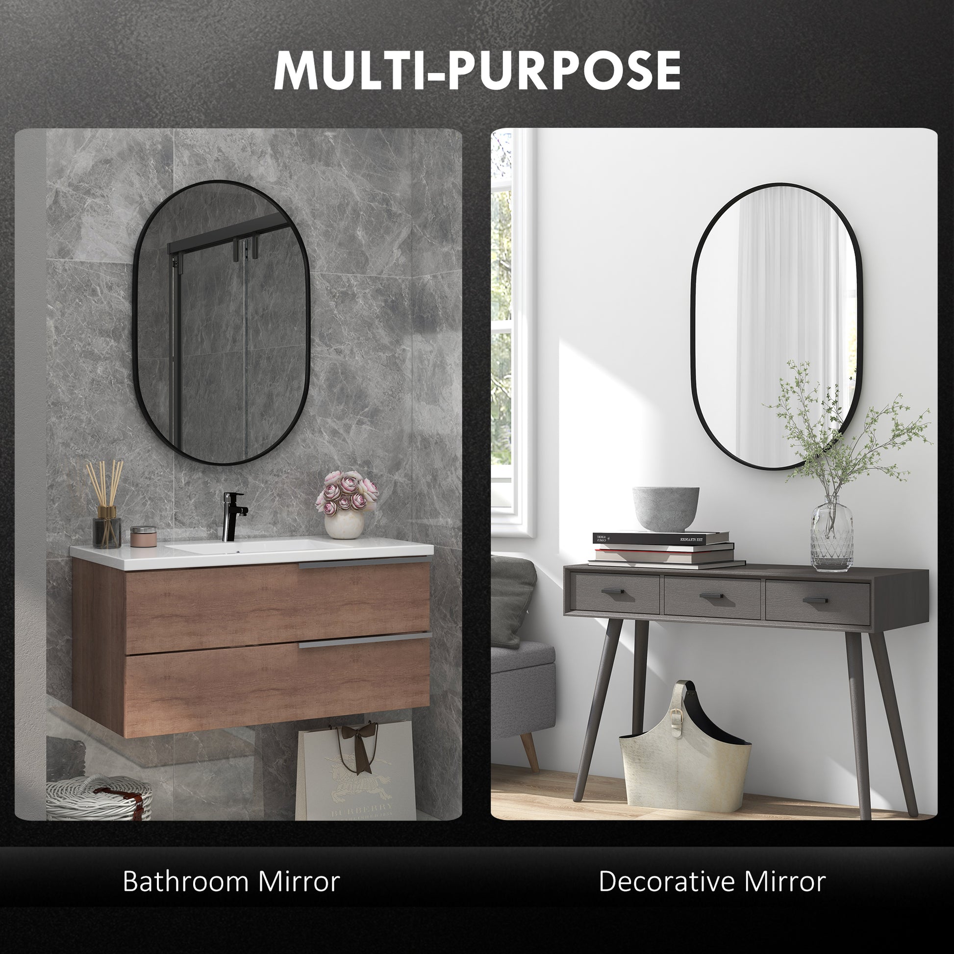 Oval Bathroom Mirror 60x90cm Tempered Glass, Modern Wall Mirror with Aluminum Alloy Frame, Vertical/Horizontal Mounting, for Bedroom, Entryway, Living Room, Black