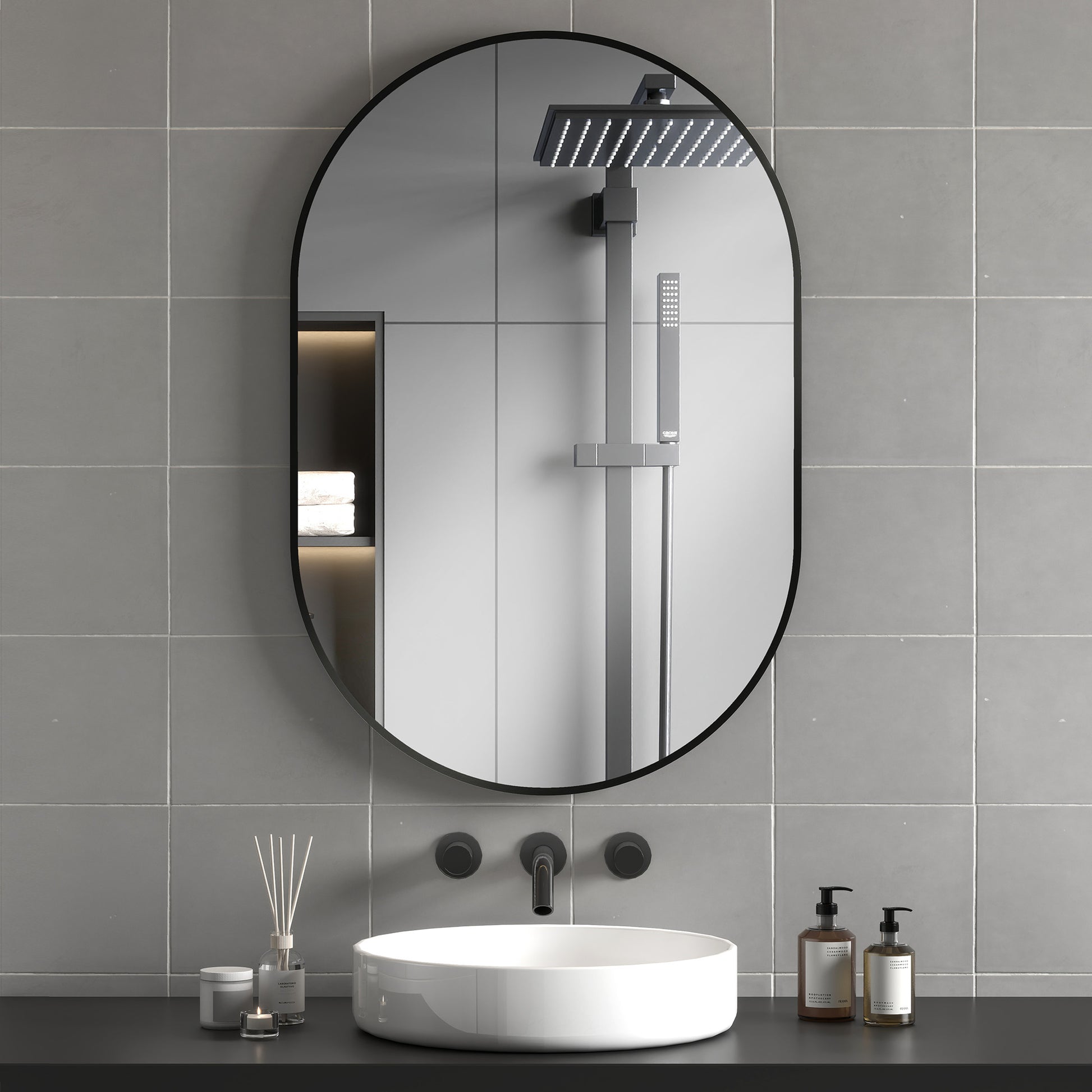 Oval Bathroom Mirror 60x90cm Tempered Glass, Modern Wall Mirror with Aluminum Alloy Frame, Vertical/Horizontal Mounting, for Bedroom, Entryway, Living Room, Black
