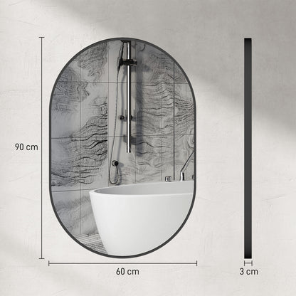 Oval Bathroom Mirror 60x90cm Tempered Glass, Modern Wall Mirror with Aluminum Alloy Frame, Vertical/Horizontal Mounting, for Bedroom, Entryway, Living Room, Black