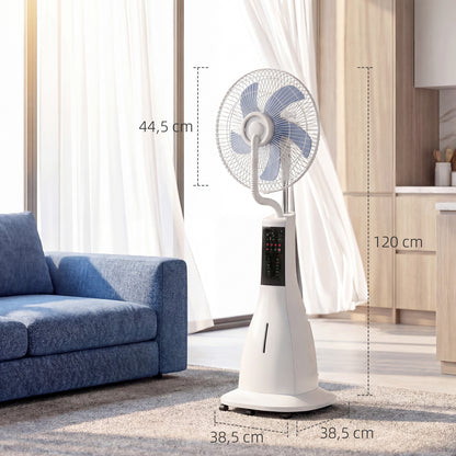Misting Pedestal Fan, 90W — 75° Oscillation, 3 Speeds, 5-Blade, 3 Modes, 3L Water Tank, 7.5h Timer, Remote Control, 5 Wheels, White
