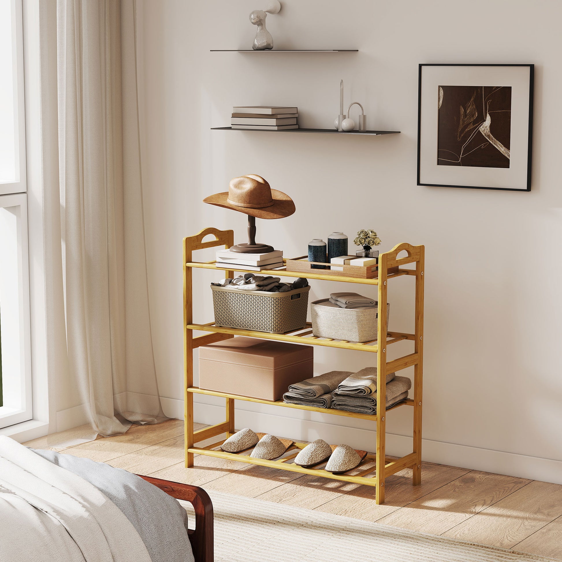 4-Level Bamboo Shoe Rack Shoe Shelf for 12 Pairs of Shoes for Entryway Hallway Bedroom 67.5x24.7x72 cm Natural Wood