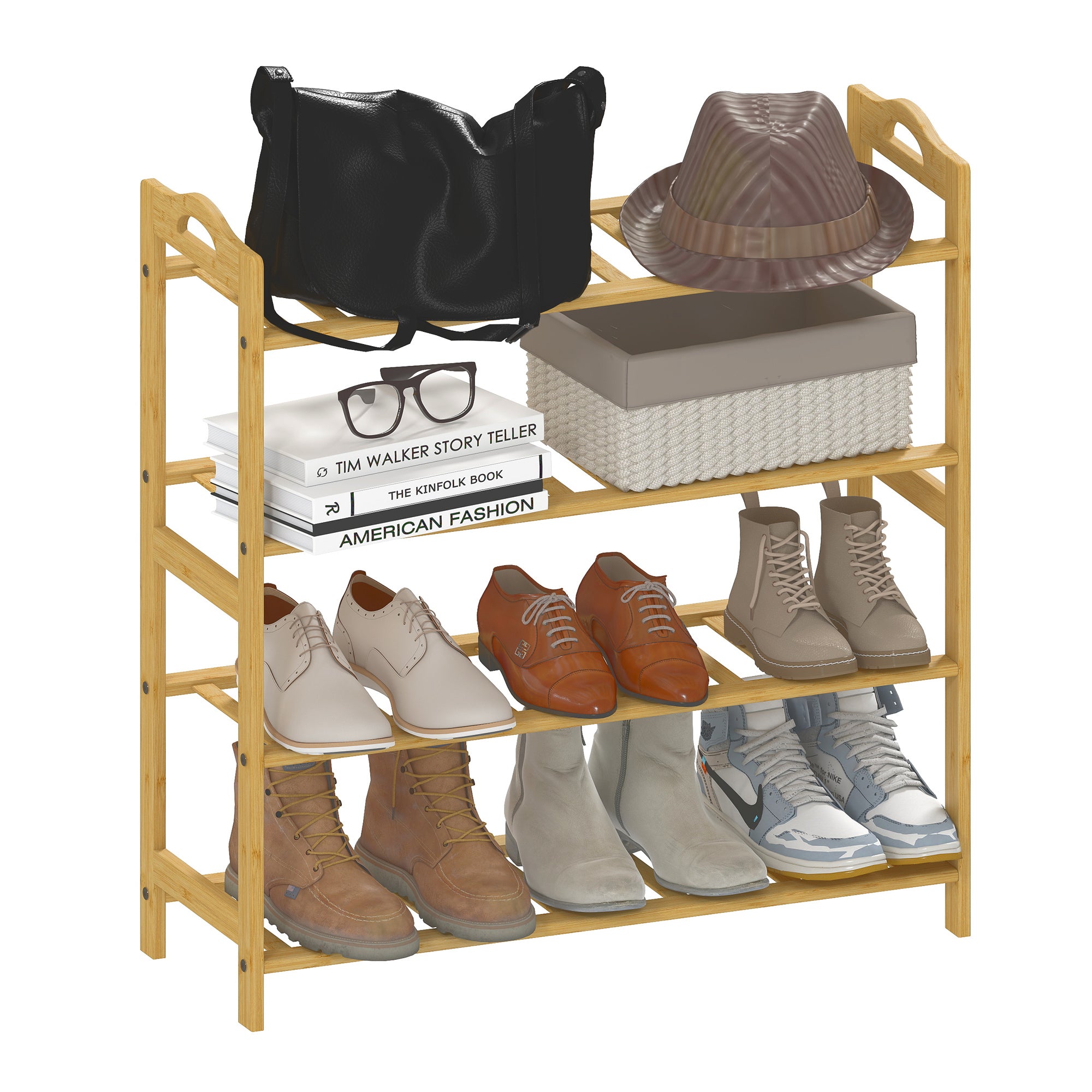 4-Level Bamboo Shoe Rack Shoe Shelf for 12 Pairs of Shoes for Entryway Hallway Bedroom 67.5x24.7x72 cm Natural Wood