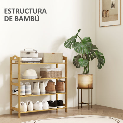 4-Level Bamboo Shoe Rack Shoe Shelf for 12 Pairs of Shoes for Entryway Hallway Bedroom 67.5x24.7x72 cm Natural Wood