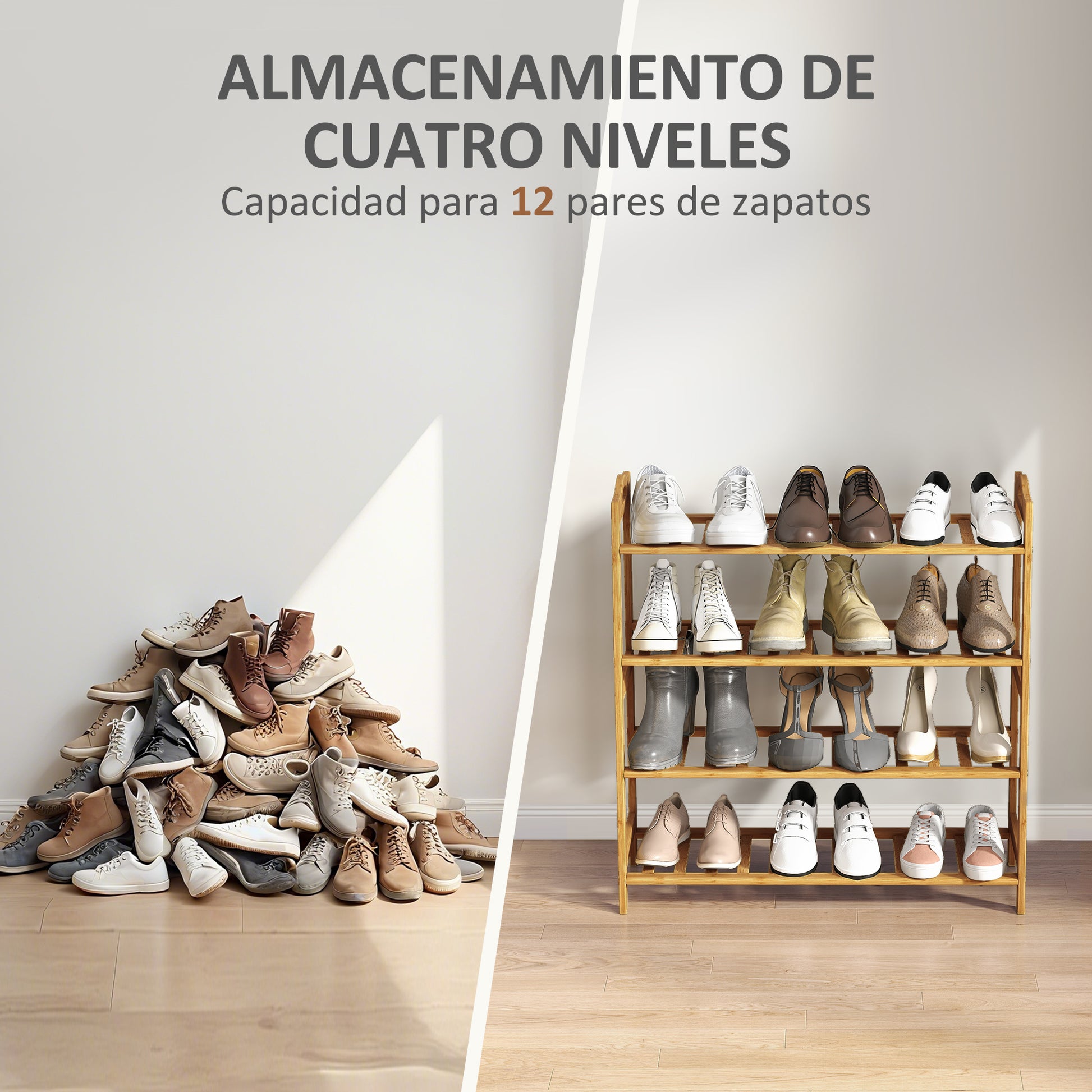 4-Level Bamboo Shoe Rack Shoe Shelf for 12 Pairs of Shoes for Entryway Hallway Bedroom 67.5x24.7x72 cm Natural Wood