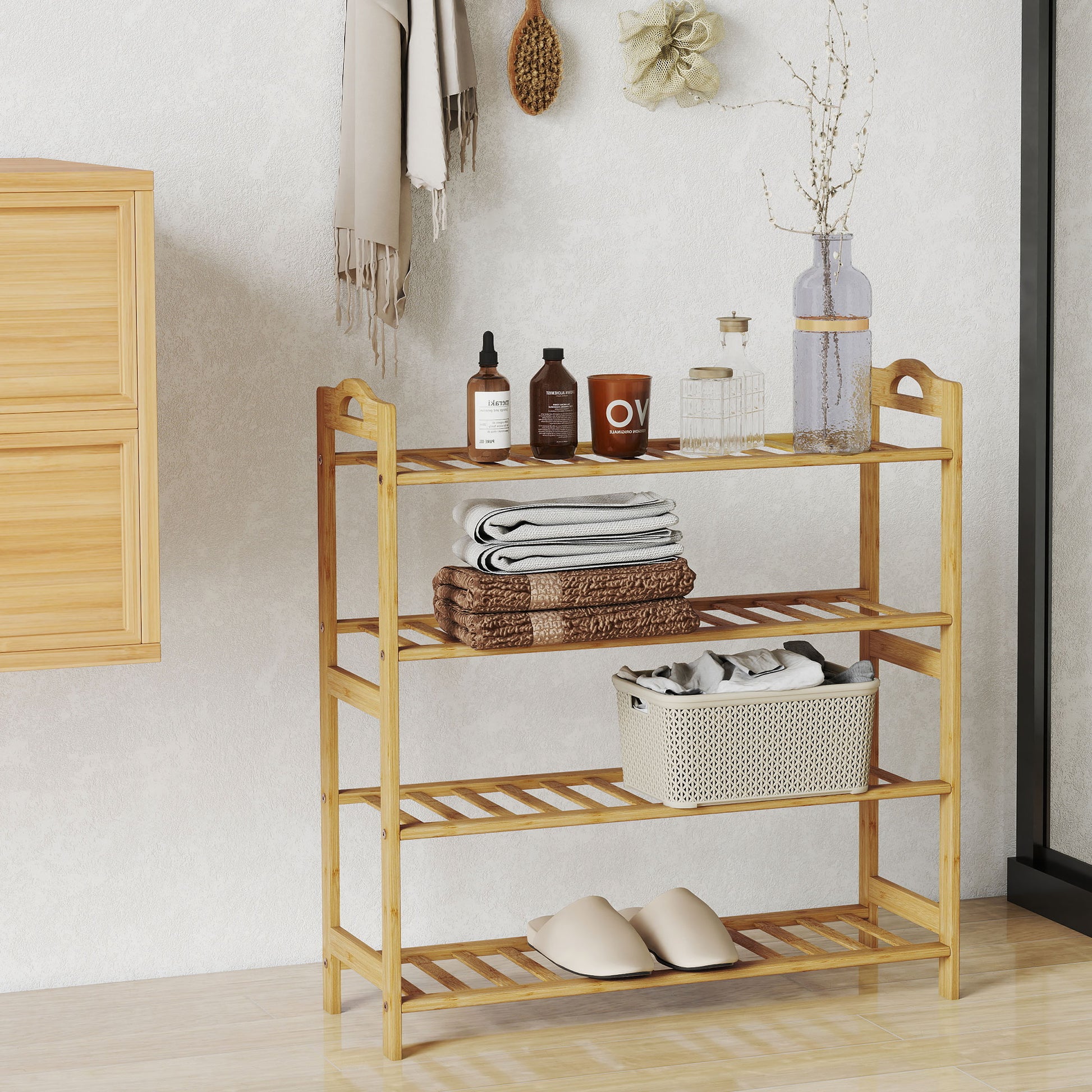 4-Level Bamboo Shoe Rack Shoe Shelf for 12 Pairs of Shoes for Entryway Hallway Bedroom 67.5x24.7x72 cm Natural Wood