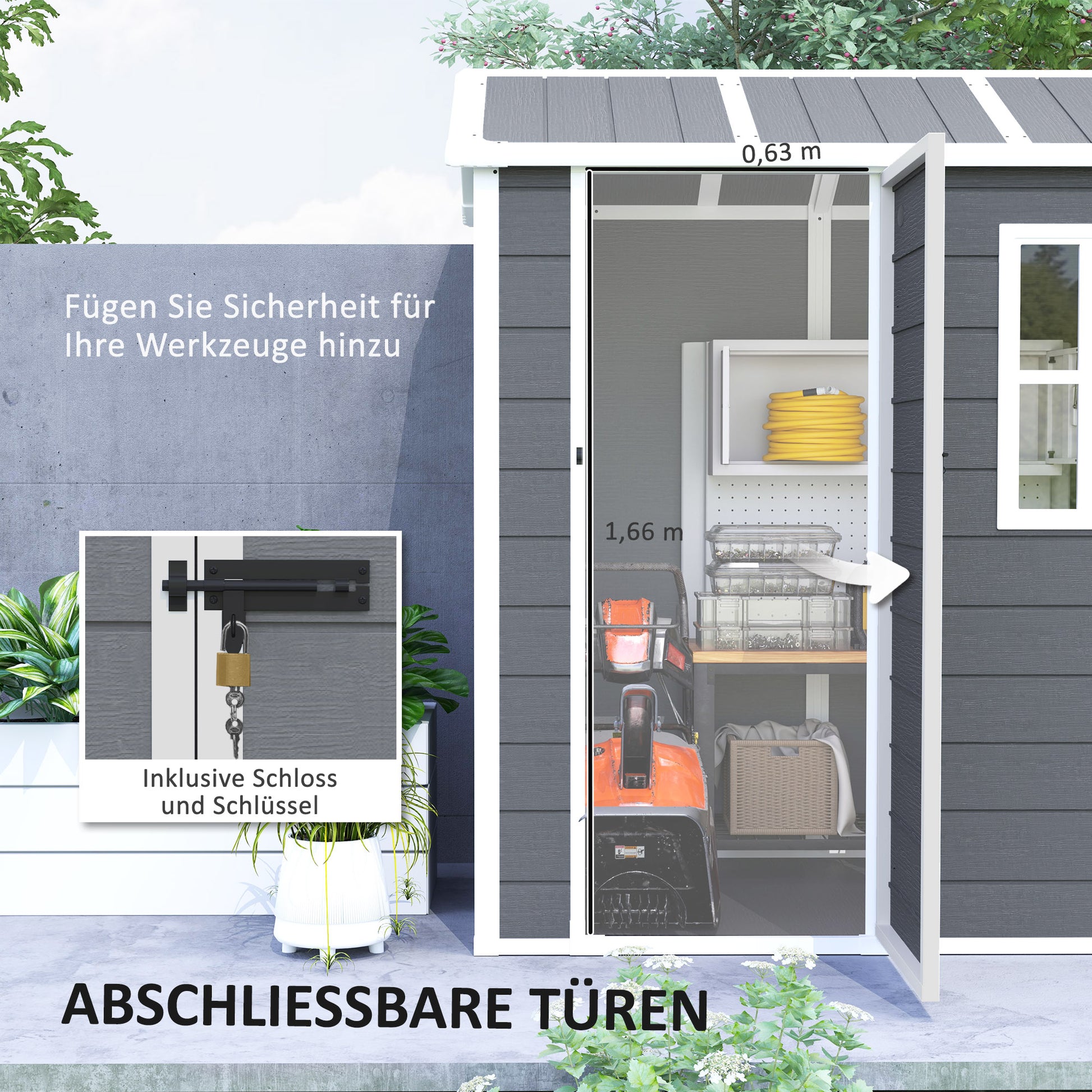 Plastic Tool Shed 2.1m² 186 x 130 x 199cm Garden Shed with Gable Roof Floor Window Lockable Door Weatherproof Outdoor Garden Shed for Backyard Gray