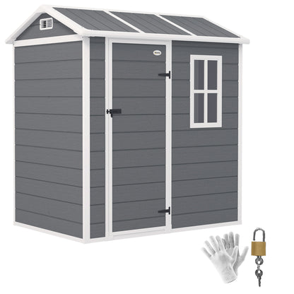 Plastic Tool Shed 2.1m² 186 x 130 x 199cm Garden Shed with Gable Roof Floor Window Lockable Door Weatherproof Outdoor Garden Shed for Backyard Gray