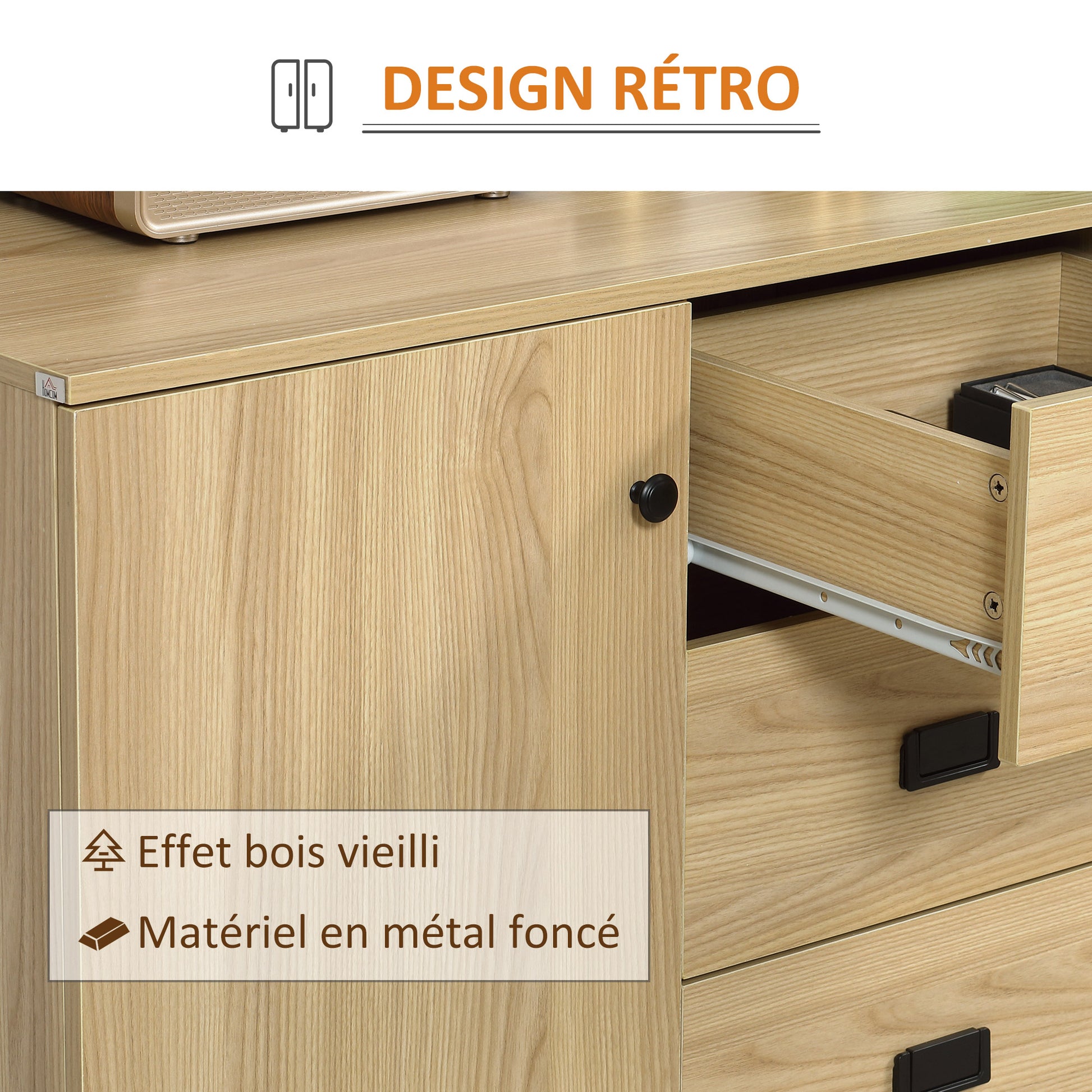 Kitchen Buffet Storage Cabinet 2 Cupboards Adjustable Shelf 3 Drawers Contemporary Style - 120 x 39.5 x 77 cm Natural