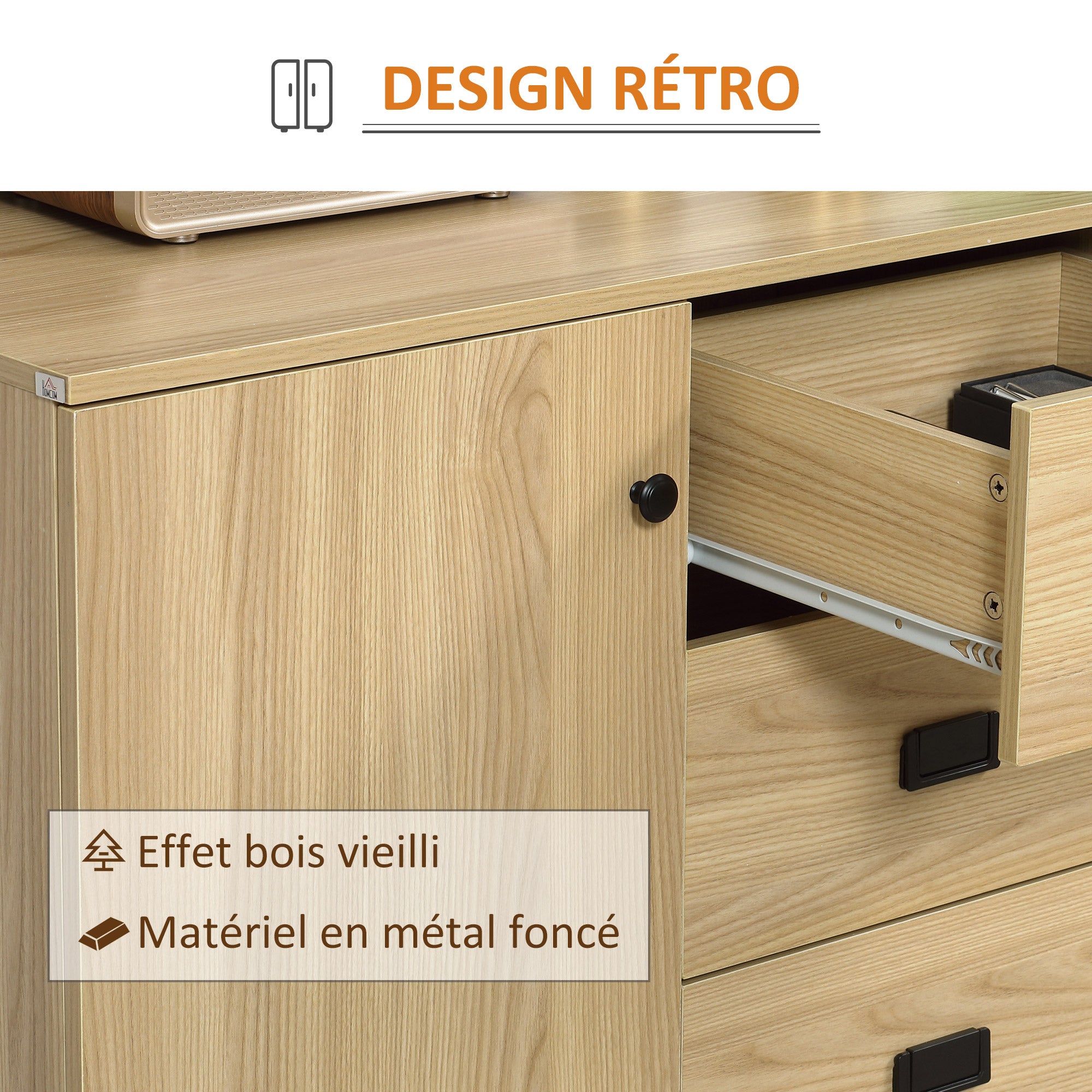 Kitchen Buffet Storage Cabinet 2 Cupboards Adjustable Shelf 3 Drawers Contemporary Style - 120 x 39.5 x 77 cm Natural