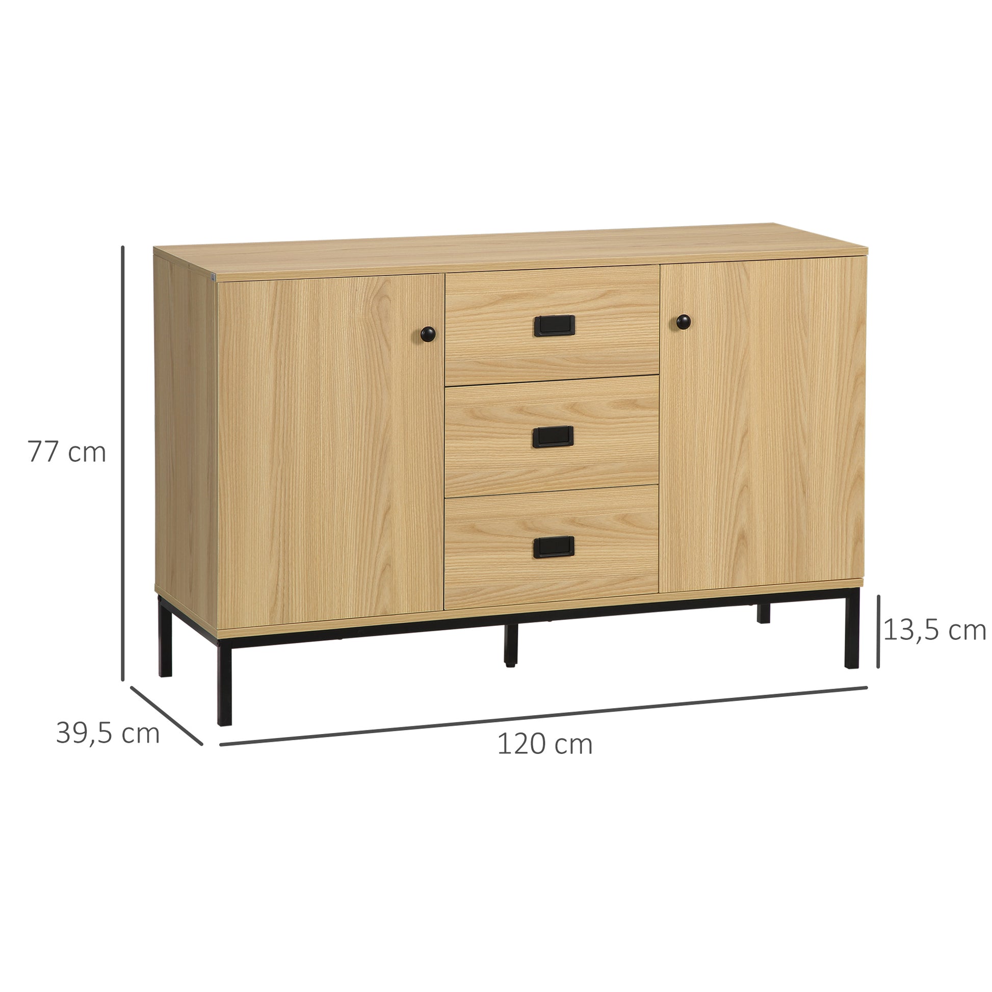 Kitchen Buffet Storage Cabinet 2 Cupboards Adjustable Shelf 3 Drawers Contemporary Style - 120 x 39.5 x 77 cm Natural