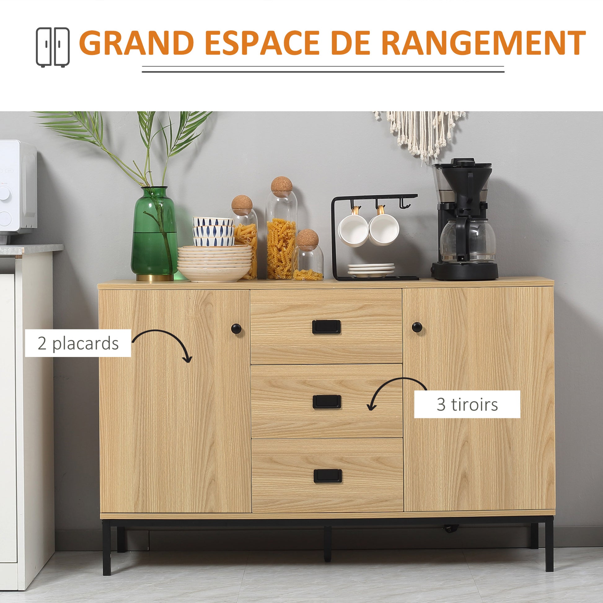Kitchen Buffet Storage Cabinet 2 Cupboards Adjustable Shelf 3 Drawers Contemporary Style - 120 x 39.5 x 77 cm Natural