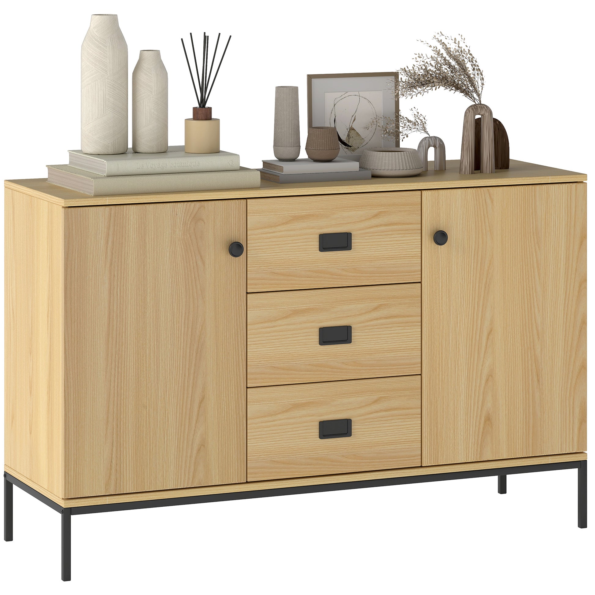 Kitchen Buffet Storage Cabinet 2 Cupboards Adjustable Shelf 3 Drawers Contemporary Style - 120 x 39.5 x 77 cm Natural